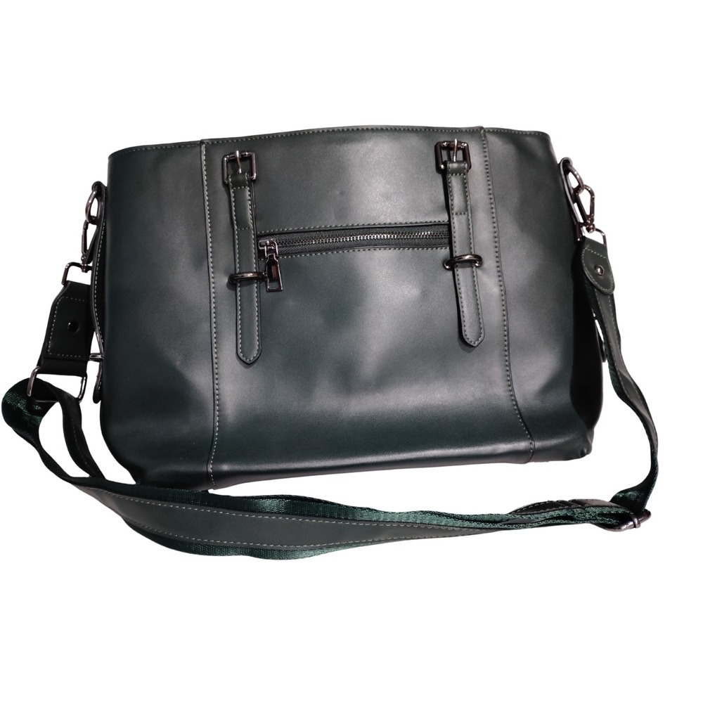 Mossimo Leather Laptop Tote Bag 13 inch Inside Messenger Bag Dark Green - Picture 3 of 14